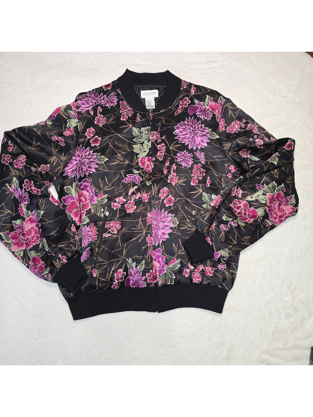 Vintage Allison Taylor 100% Silk Floral Bomber Jacket Black Pink Purple L Large